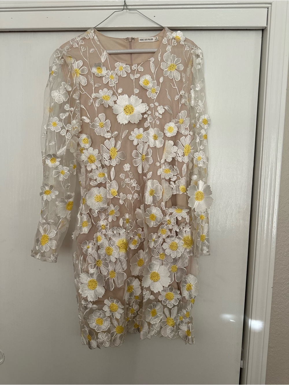 Avec Les Filles Nude Sheer Dress with White and Yellow Floral Embroidery